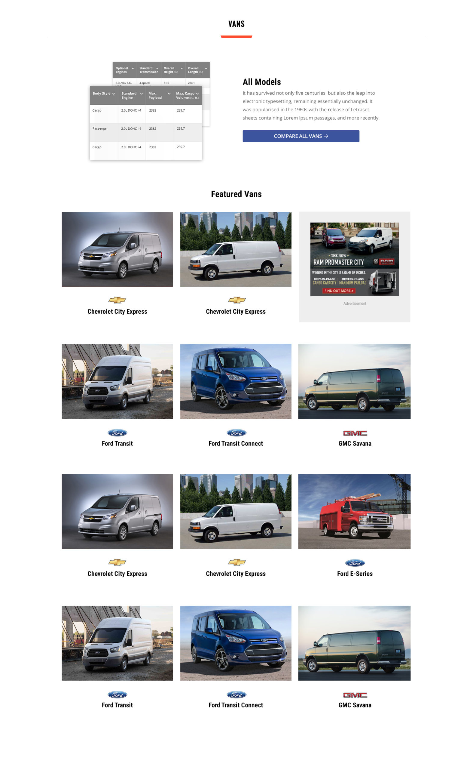 Web Design Vans Vehicle List